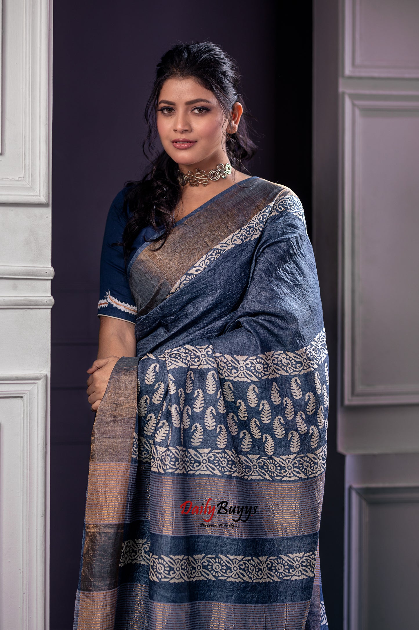 Grey Block Printed Pure Silk Mark Certified Tussar Silk Sarees - Dailybuyys