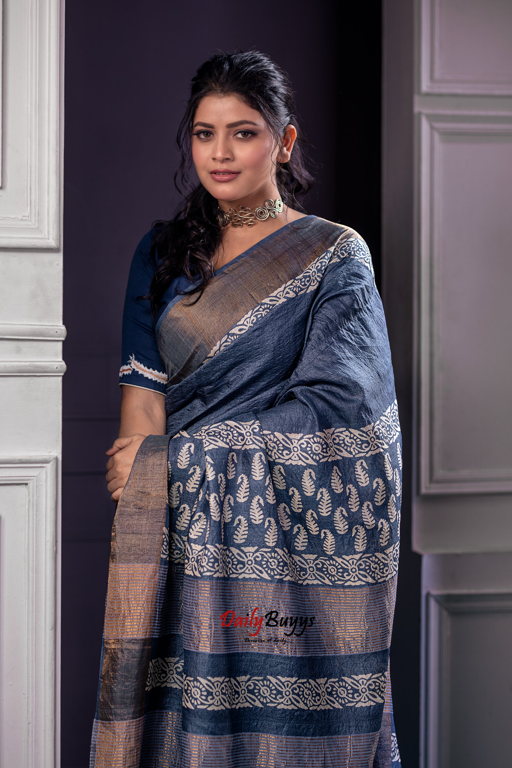 Grey Block Printed Pure Silk Mark Certified Tussar Silk Sarees - Dailybuyys