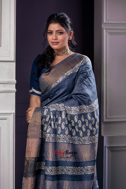 Grey Block Printed Pure Silk Mark Certified Tussar Silk Sarees - Dailybuyys