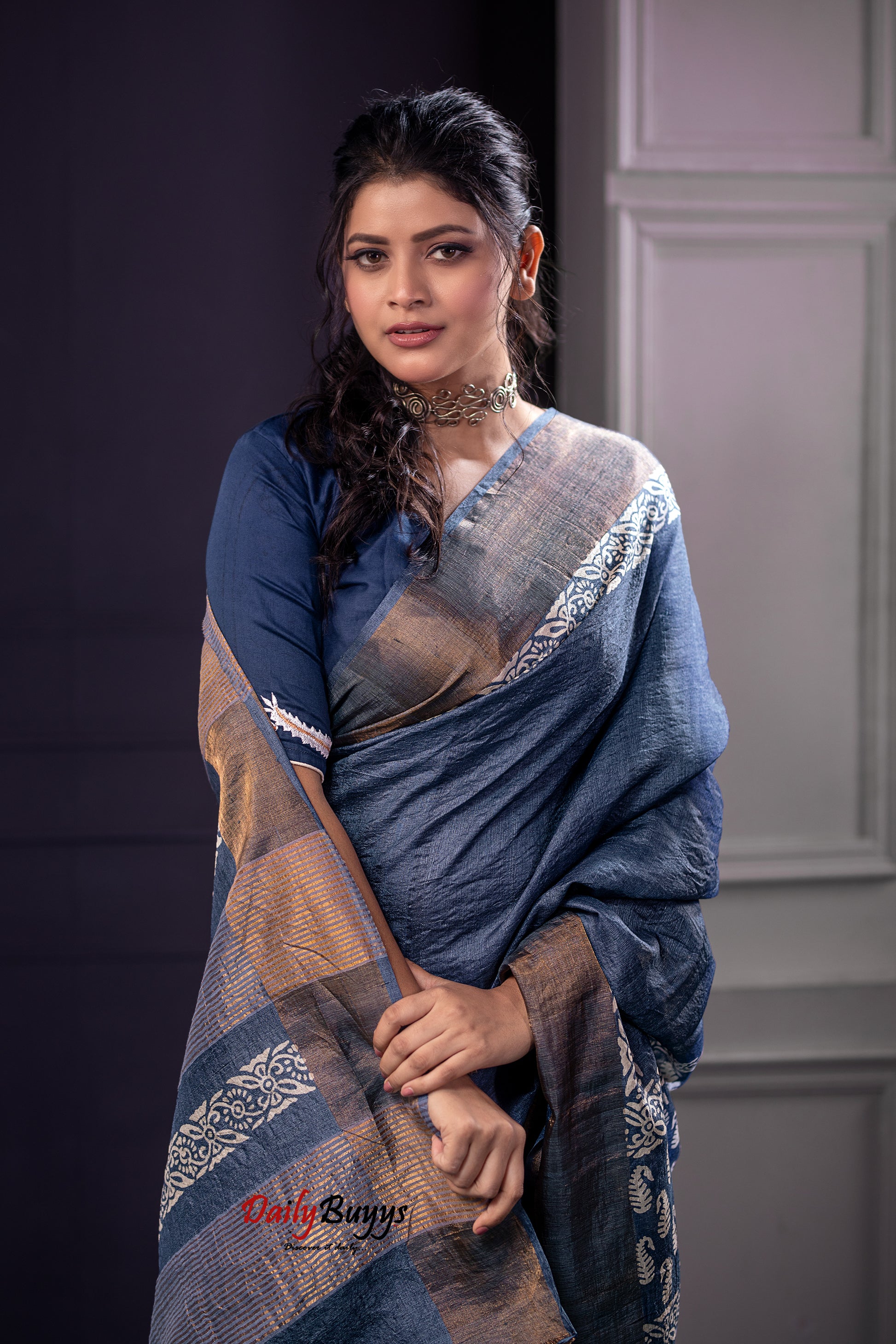 Grey Block Printed Pure Silk Mark Certified Tussar Silk Sarees - Dailybuyys