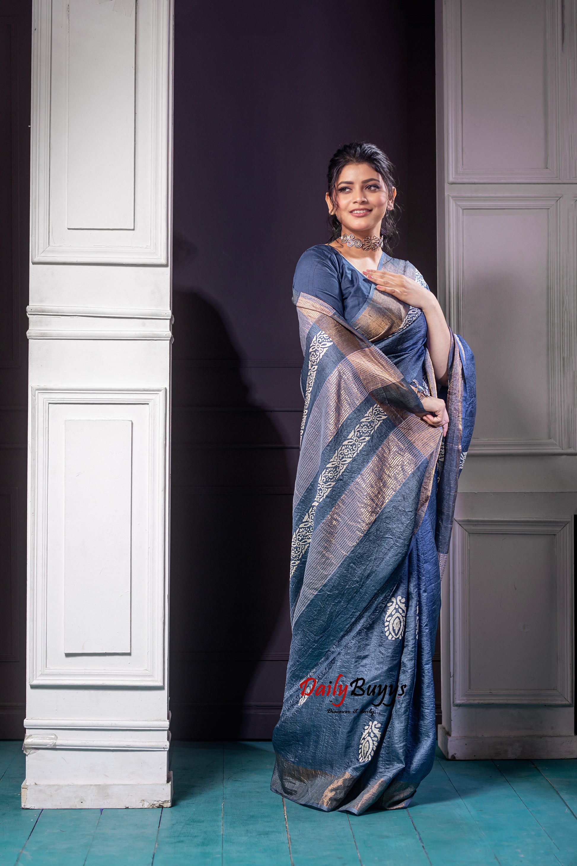 Grey Block Printed Pure Silk Mark Certified Tussar Silk Sarees - Dailybuyys