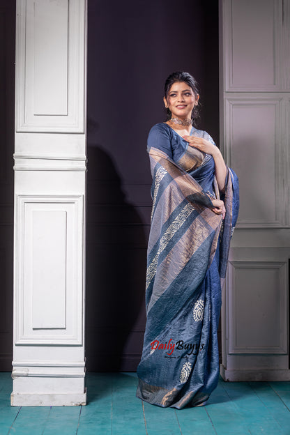Grey Block Printed Pure Silk Mark Certified Tussar Silk Sarees - Dailybuyys