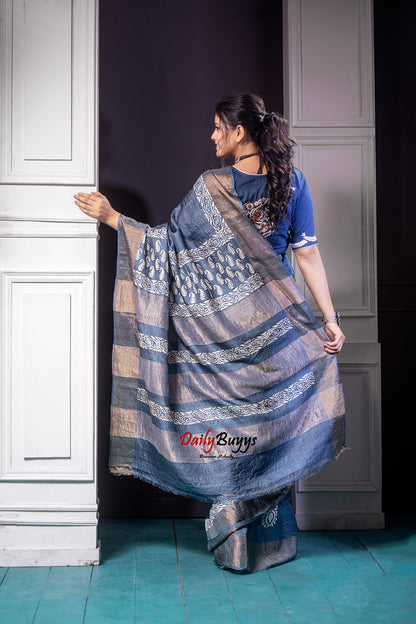 Grey Block Printed Pure Silk Mark Certified Tussar Silk Sarees - Dailybuyys