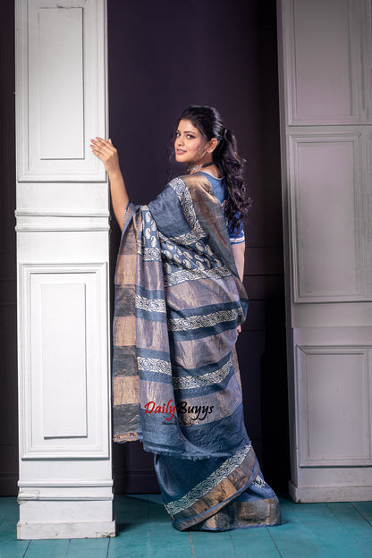 Grey Block Printed Pure Silk Mark Certified Tussar Silk Sarees - Dailybuyys