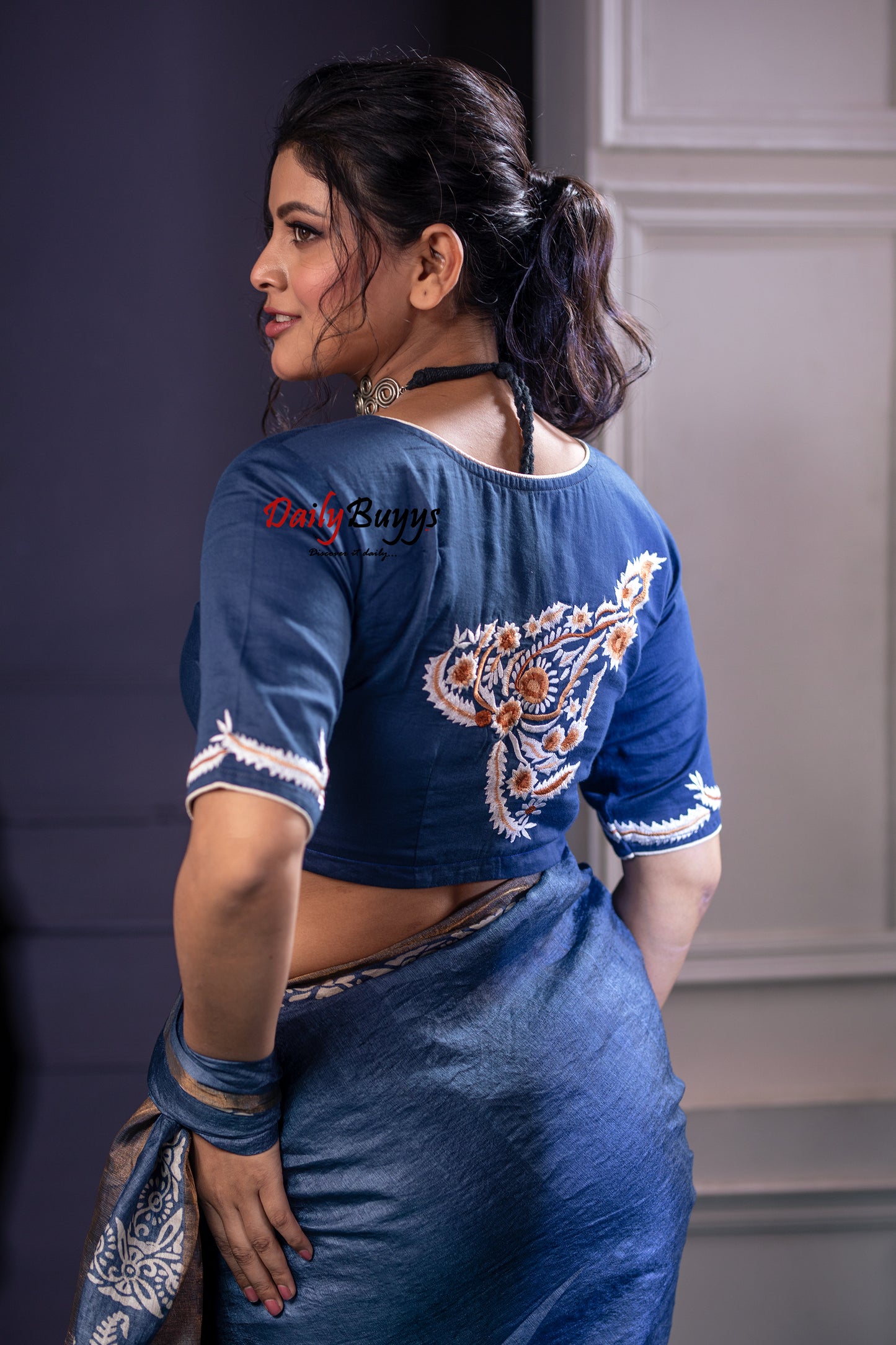 Blue Embroidery Design Blouses - Dailybuyys