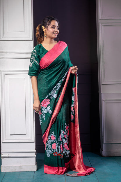 Floral Green Peach Block Printed Silk Mark Certified Bishnupuri Silk Sarees - Dailybuyys