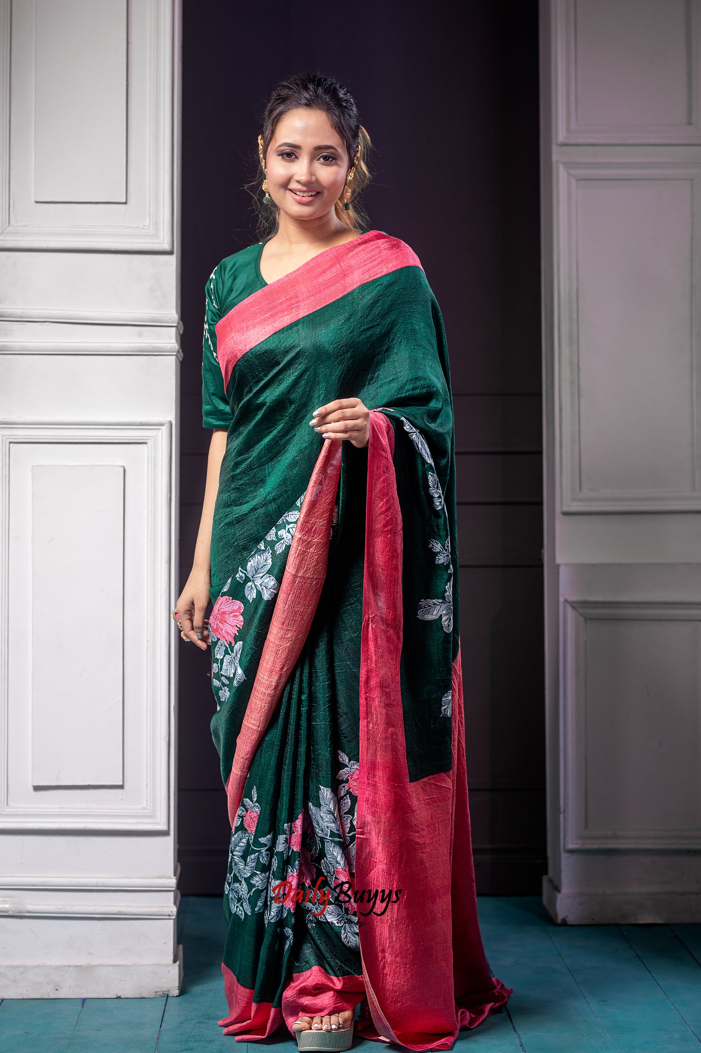 Floral Green Peach Block Printed Silk Mark Certified Bishnupuri Silk Sarees - Dailybuyys