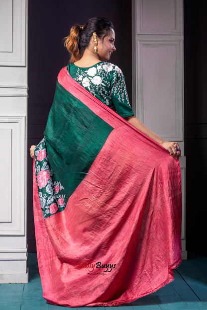 Floral Green Peach Block Printed Silk Mark Certified Bishnupuri Silk Sarees - Dailybuyys