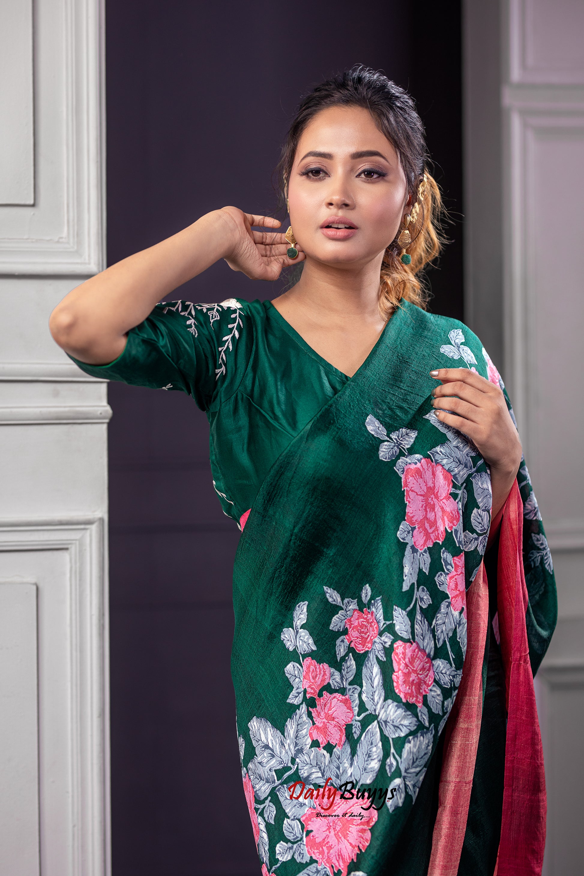 Floral Green Peach Block Printed Silk Mark Certified Bishnupuri Silk Sarees - Dailybuyys