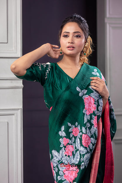 Floral Green Peach Block Printed Silk Mark Certified Bishnupuri Silk Sarees - Dailybuyys