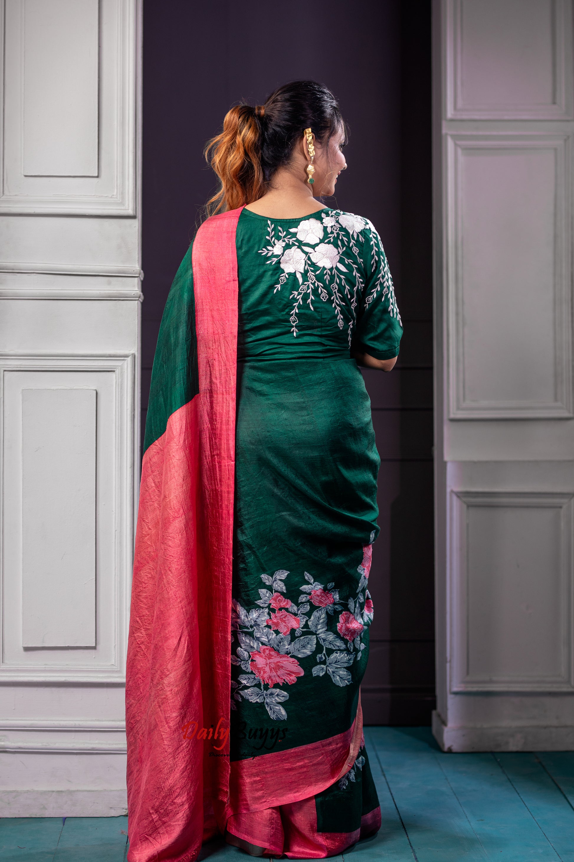 Floral Green Peach Block Printed Silk Mark Certified Bishnupuri Silk Sarees - Dailybuyys