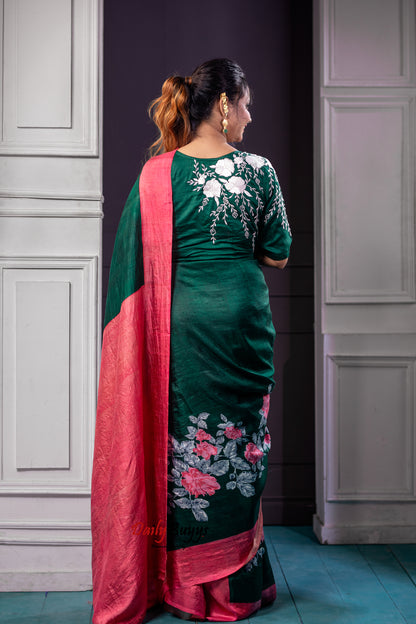 Floral Green Peach Block Printed Silk Mark Certified Bishnupuri Silk Sarees - Dailybuyys