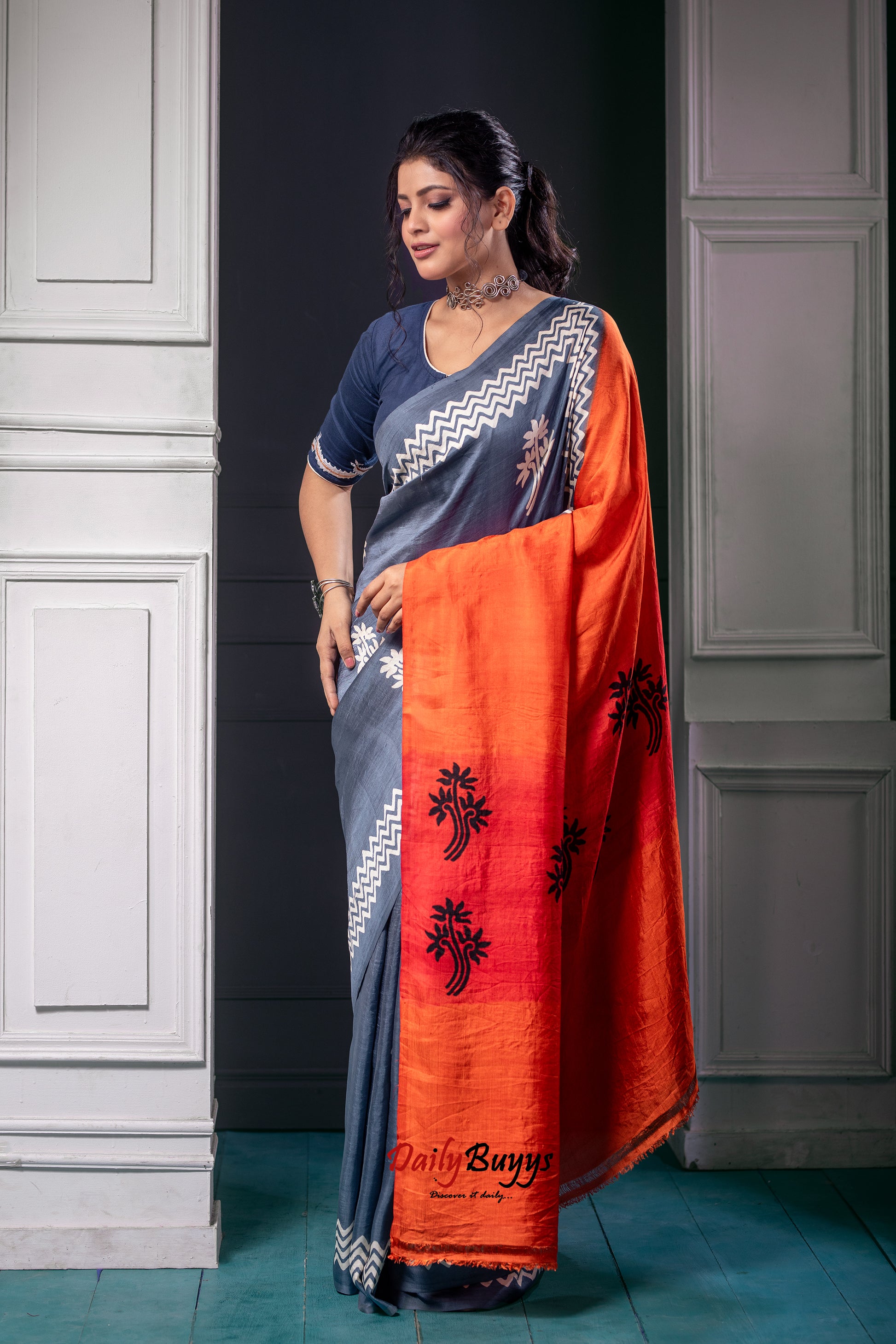 Orange Grey Block Printed Silk Mark Certified Bishnupuri Silk Sarees - Dailybuyys