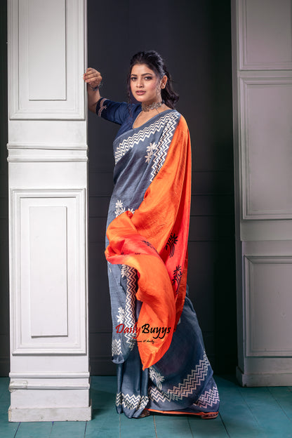 Orange Grey Block Printed Silk Mark Certified Bishnupuri Silk Sarees - Dailybuyys