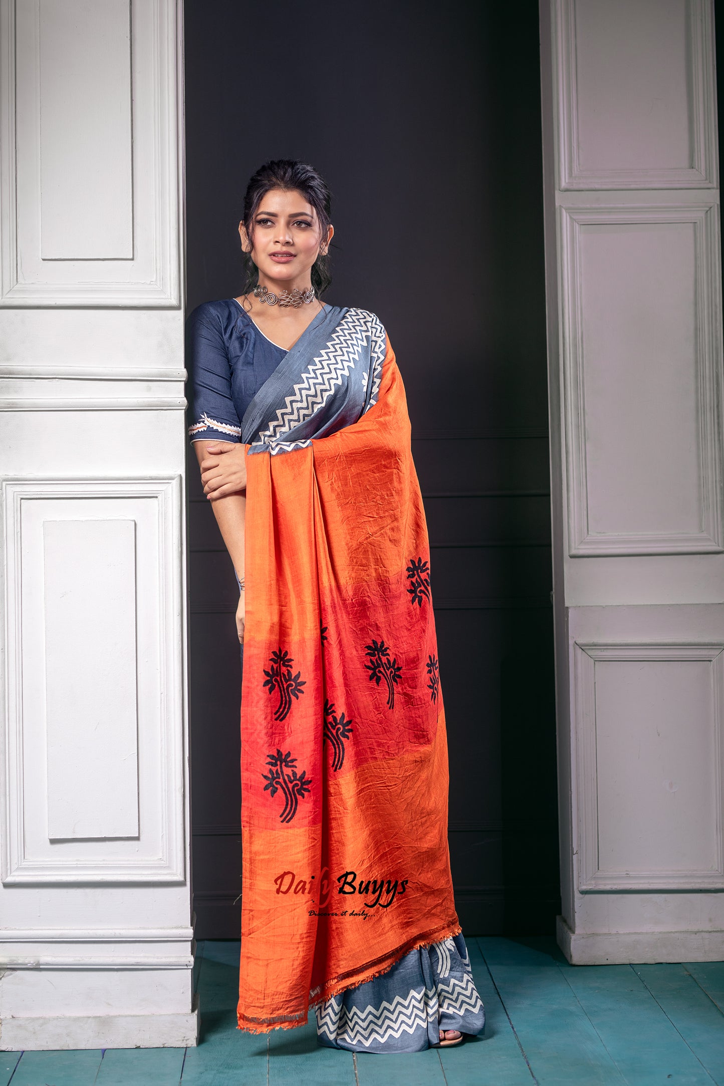 Orange Grey Block Printed Silk Mark Certified Bishnupuri Silk Sarees - Dailybuyys