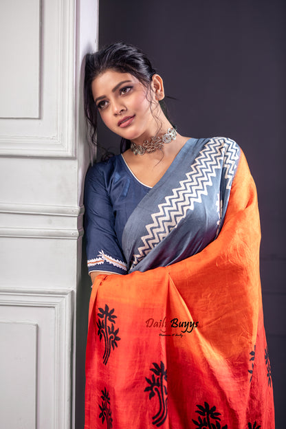 Orange Grey Block Printed Silk Mark Certified Bishnupuri Silk Sarees - Dailybuyys