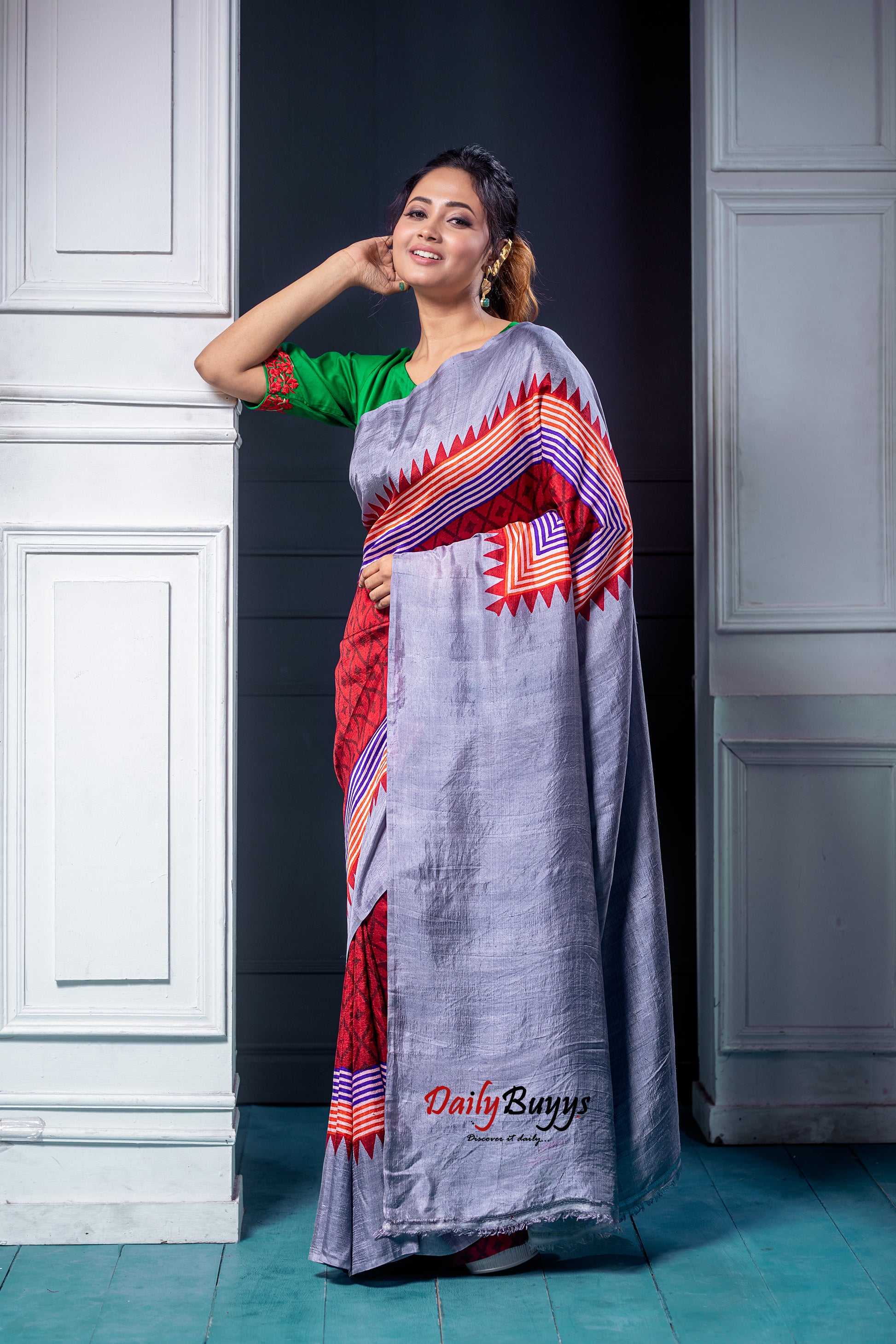Red Block Printed Silk Mark Certified Bishnupuri Silk Sarees - Dailybuyys