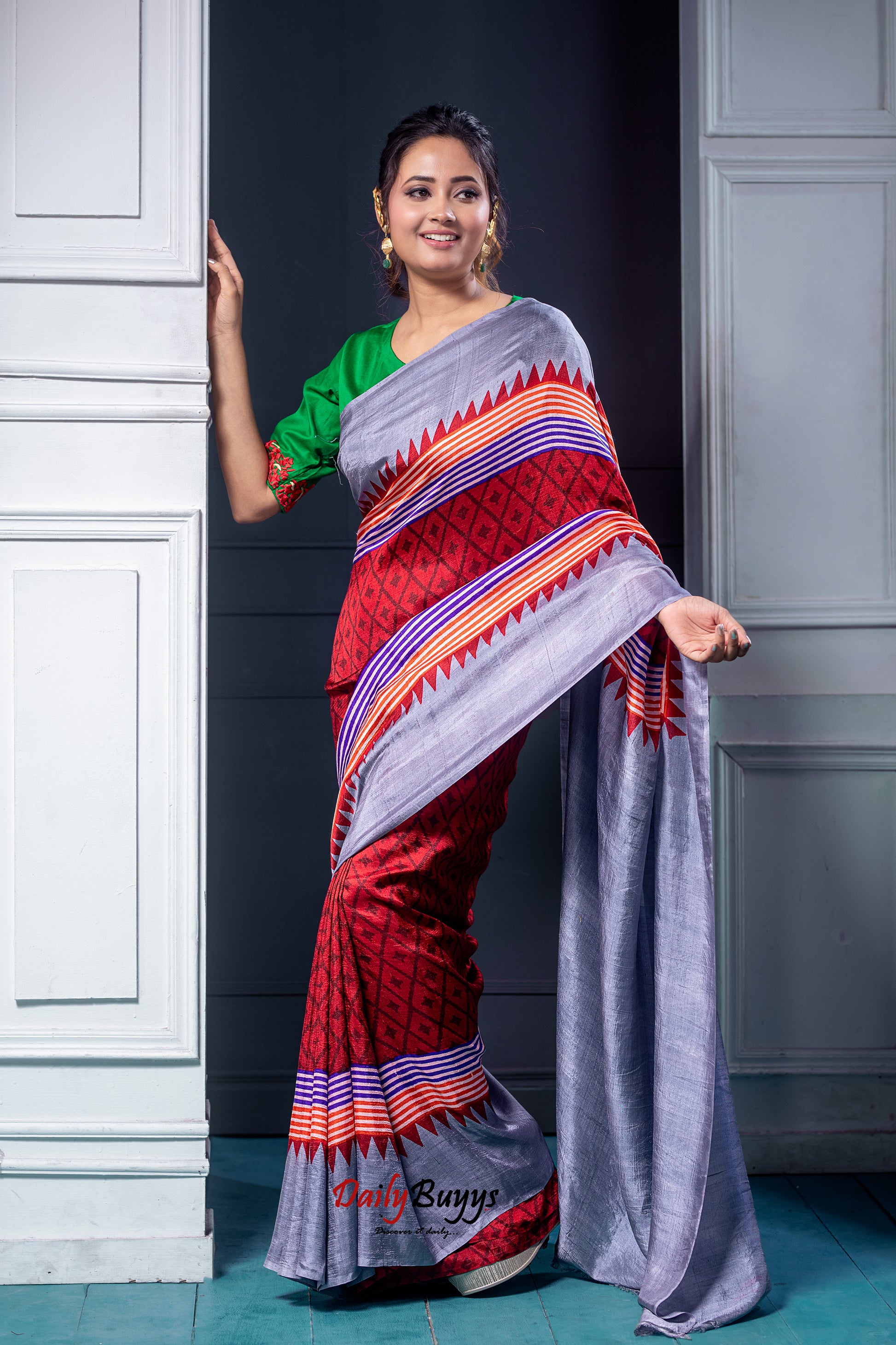 Red Block Printed Silk Mark Certified Bishnupuri Silk Sarees - Dailybuyys