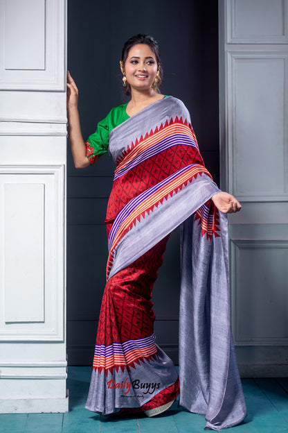 Red Block Printed Silk Mark Certified Bishnupuri Silk Sarees - Dailybuyys