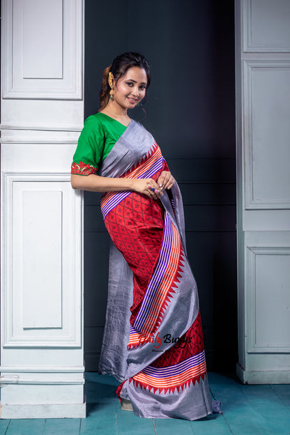 Red Block Printed Silk Mark Certified Bishnupuri Silk Sarees - Dailybuyys