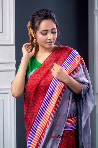 Red Block Printed Silk Mark Certified Bishnupuri Silk Sarees - Dailybuyys