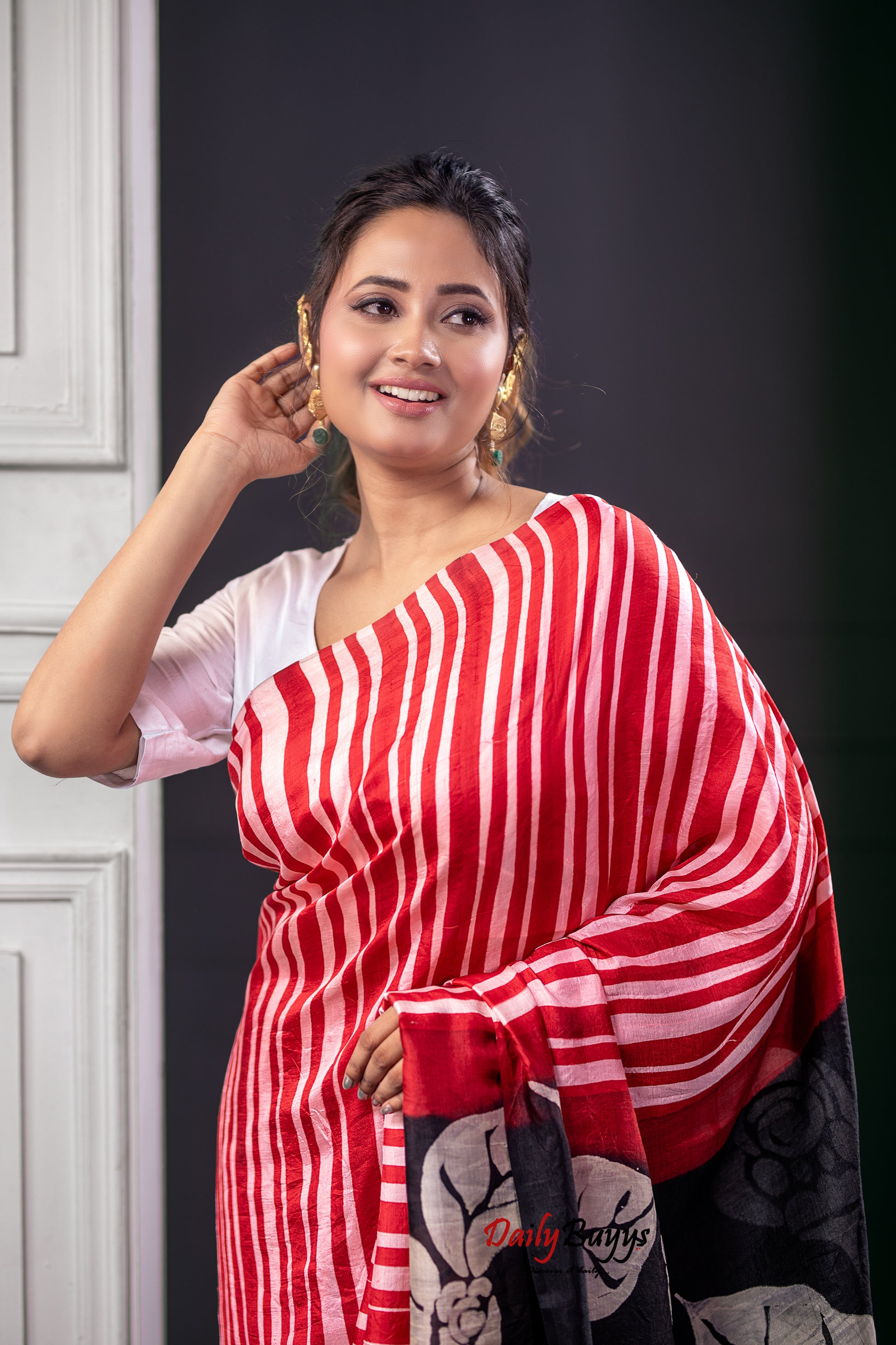 Red Hand Block Printed Silk Mark Certified Bishnupuri Silk Sarees - Dailybuyys