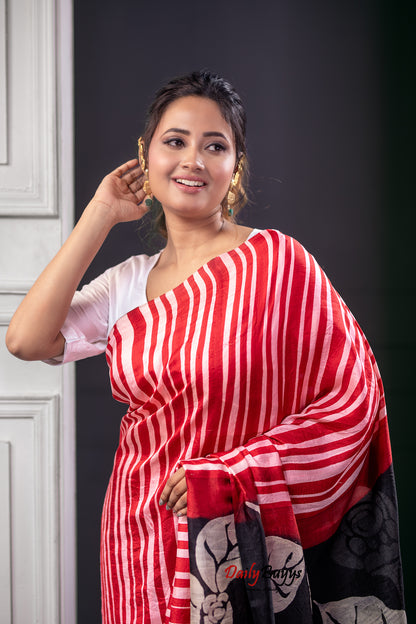 Red Hand Block Printed Silk Mark Certified Bishnupuri Silk Sarees - Dailybuyys