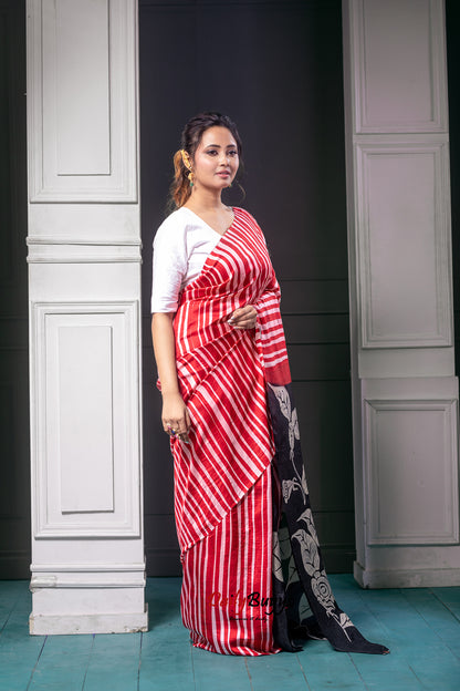 Red Hand Block Printed Silk Mark Certified Bishnupuri Silk Sarees - Dailybuyys