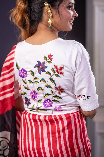 White Floral Embroidery Design Blouses - Dailybuyys