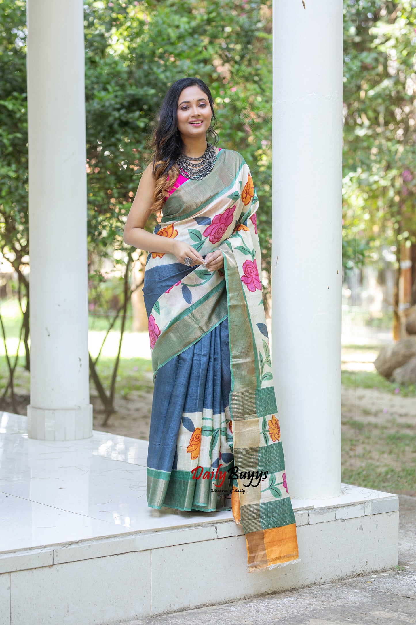 Floral Hand Painted Pure Silk Mark Certified Tussar Silk Sarees