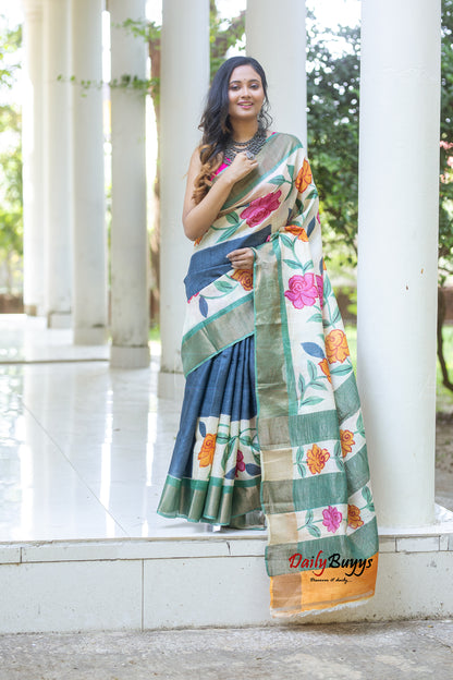 Floral Hand Painted Pure Silk Mark Certified Tussar Silk Sarees