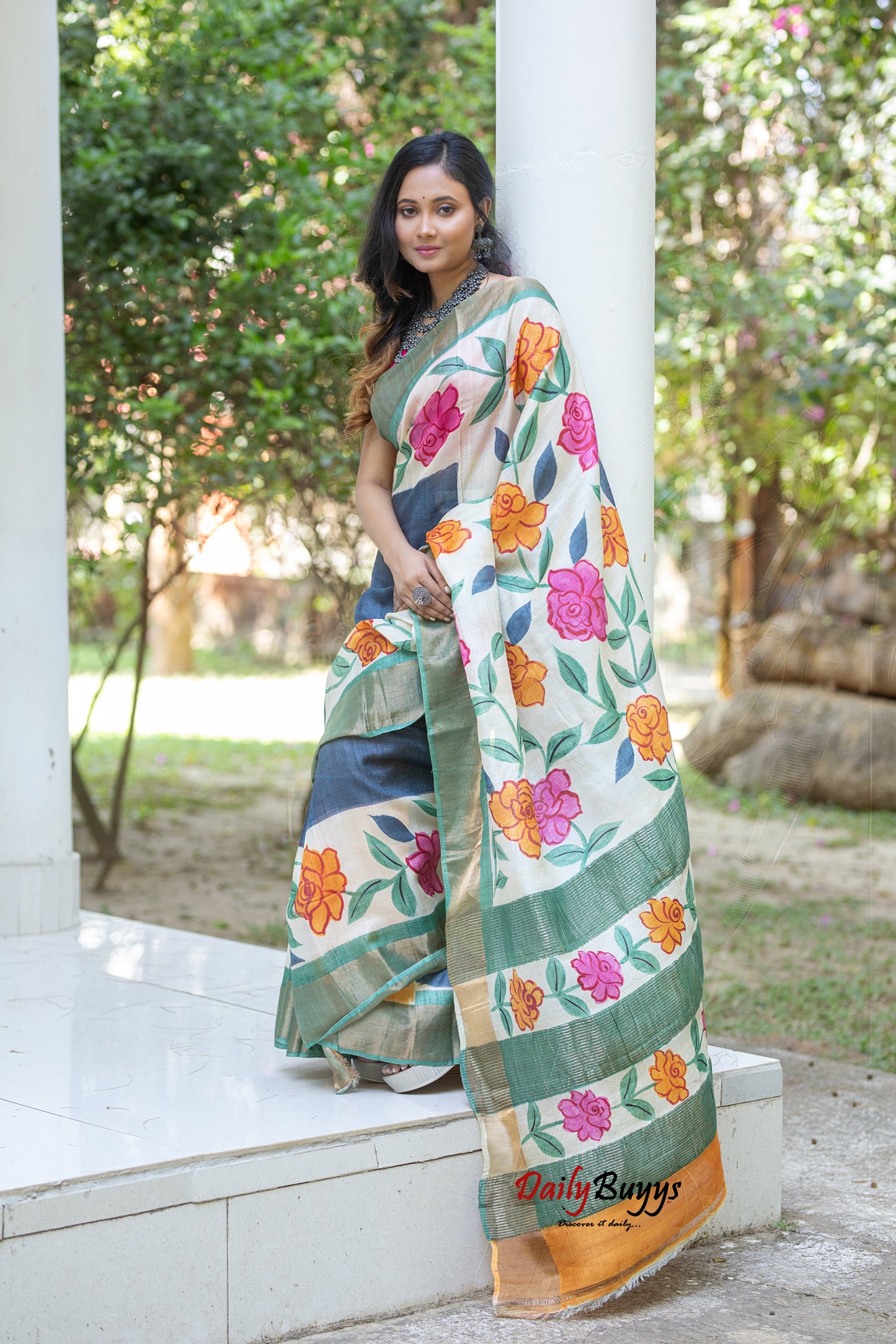 Floral Hand Painted Pure Silk Mark Certified Tussar Silk Sarees