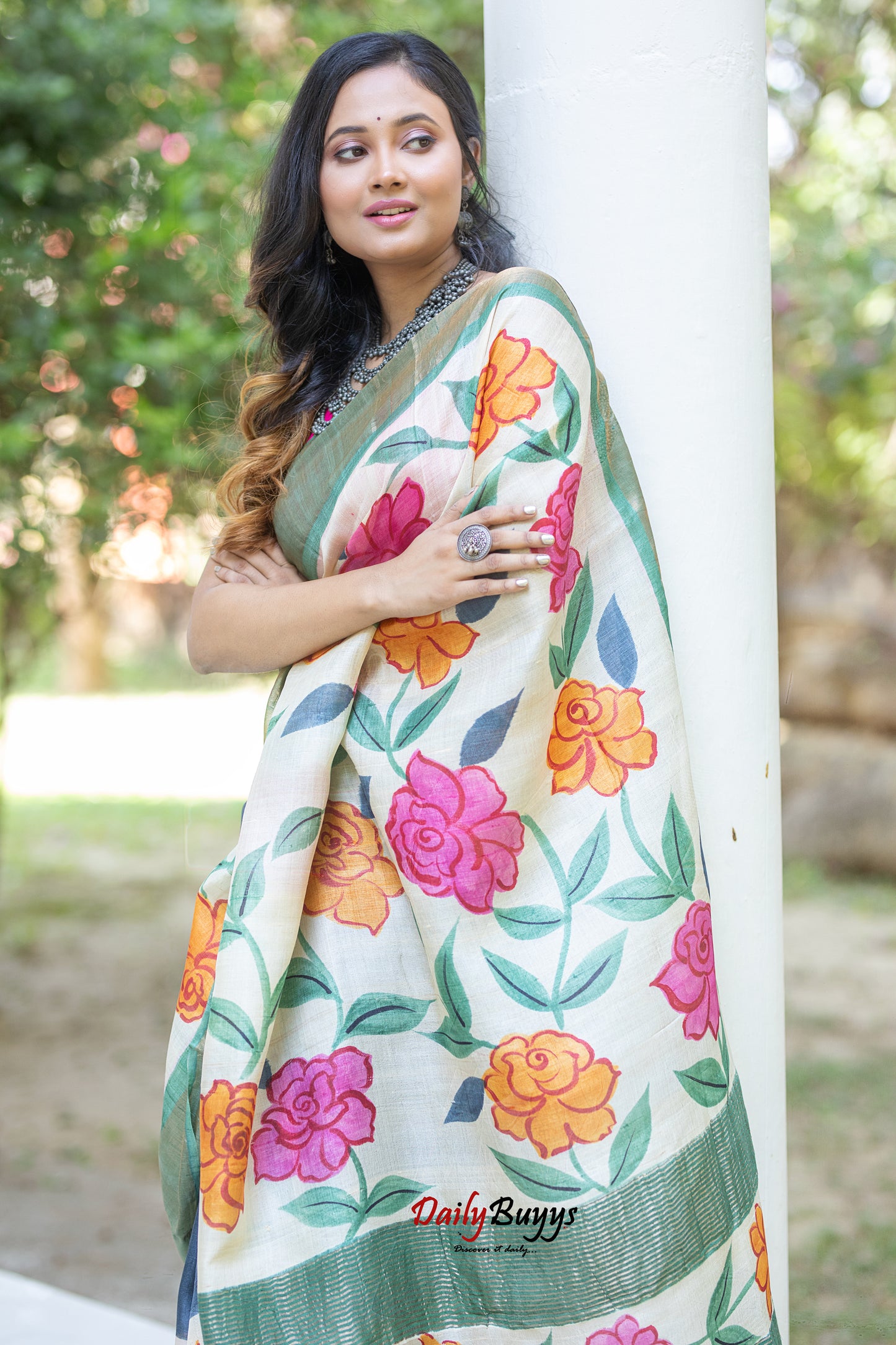 Floral Hand Painted Pure Silk Mark Certified Tussar Silk Sarees