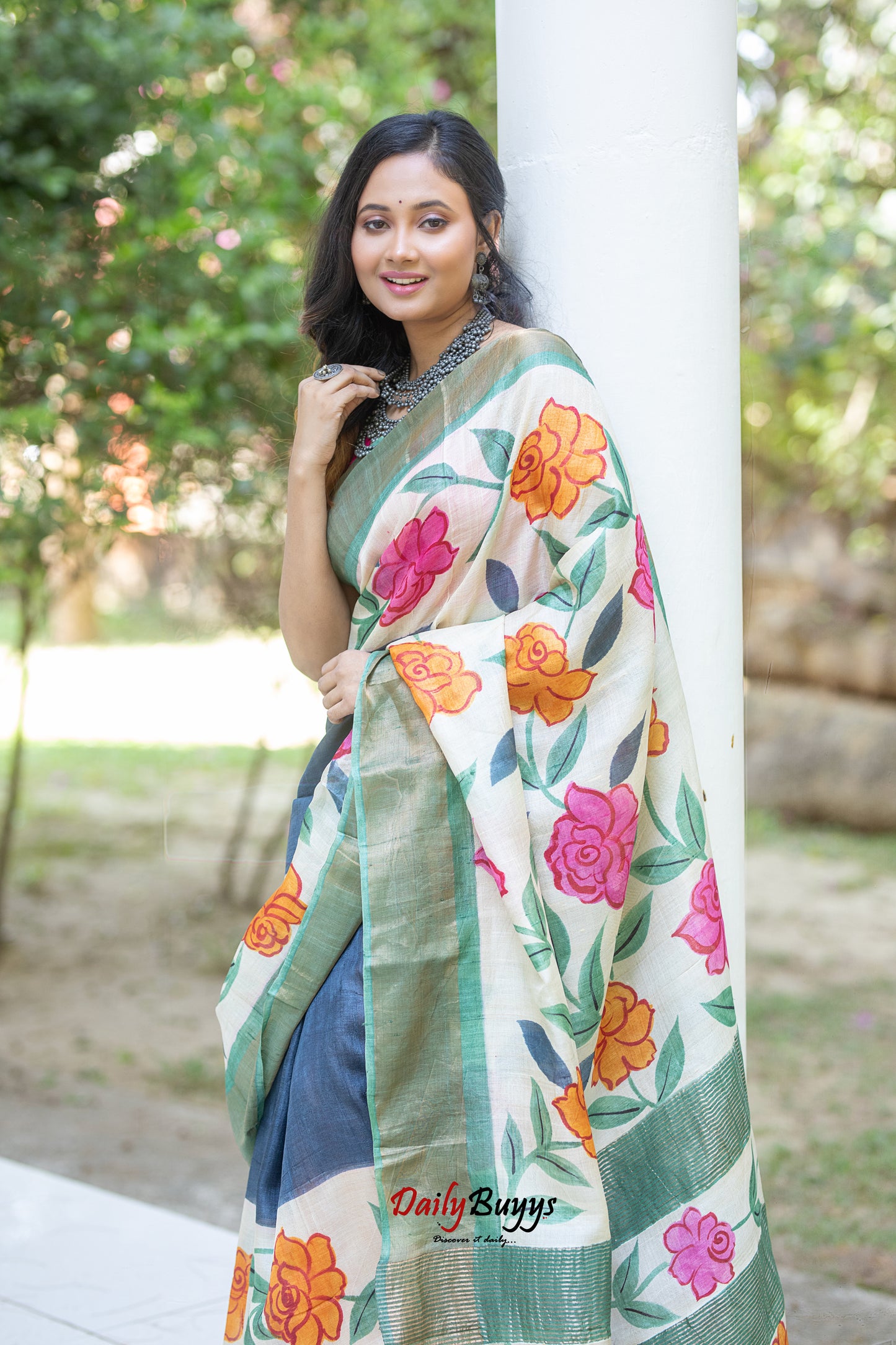 Floral Hand Painted Pure Silk Mark Certified Tussar Silk Sarees