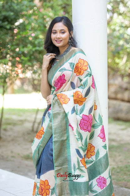 Floral Hand Painted Pure Silk Mark Certified Tussar Silk Sarees