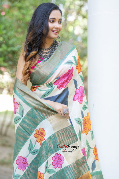 Floral Hand Painted Pure Silk Mark Certified Tussar Silk Sarees