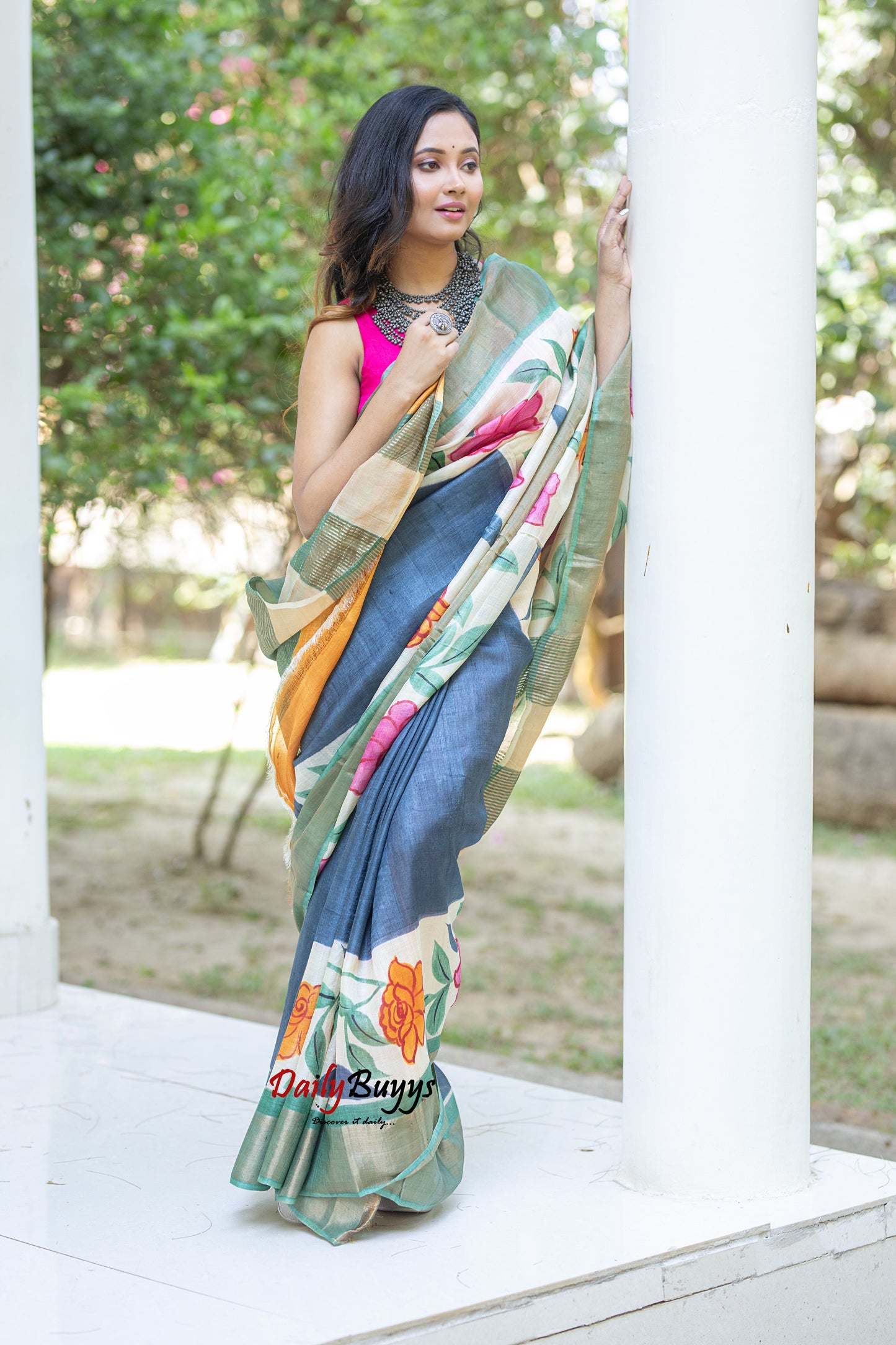 Floral Hand Painted Pure Silk Mark Certified Tussar Silk Sarees