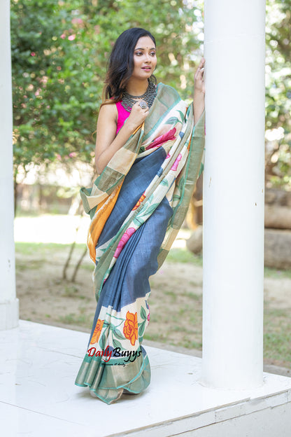 Floral Hand Painted Pure Silk Mark Certified Tussar Silk Sarees
