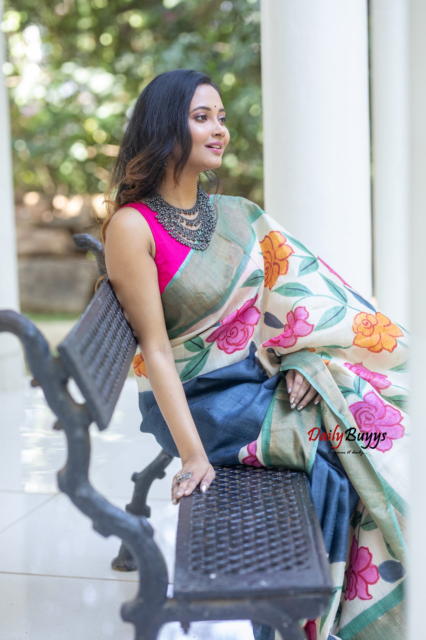 Floral Hand Painted Pure Silk Mark Certified Tussar Silk Sarees