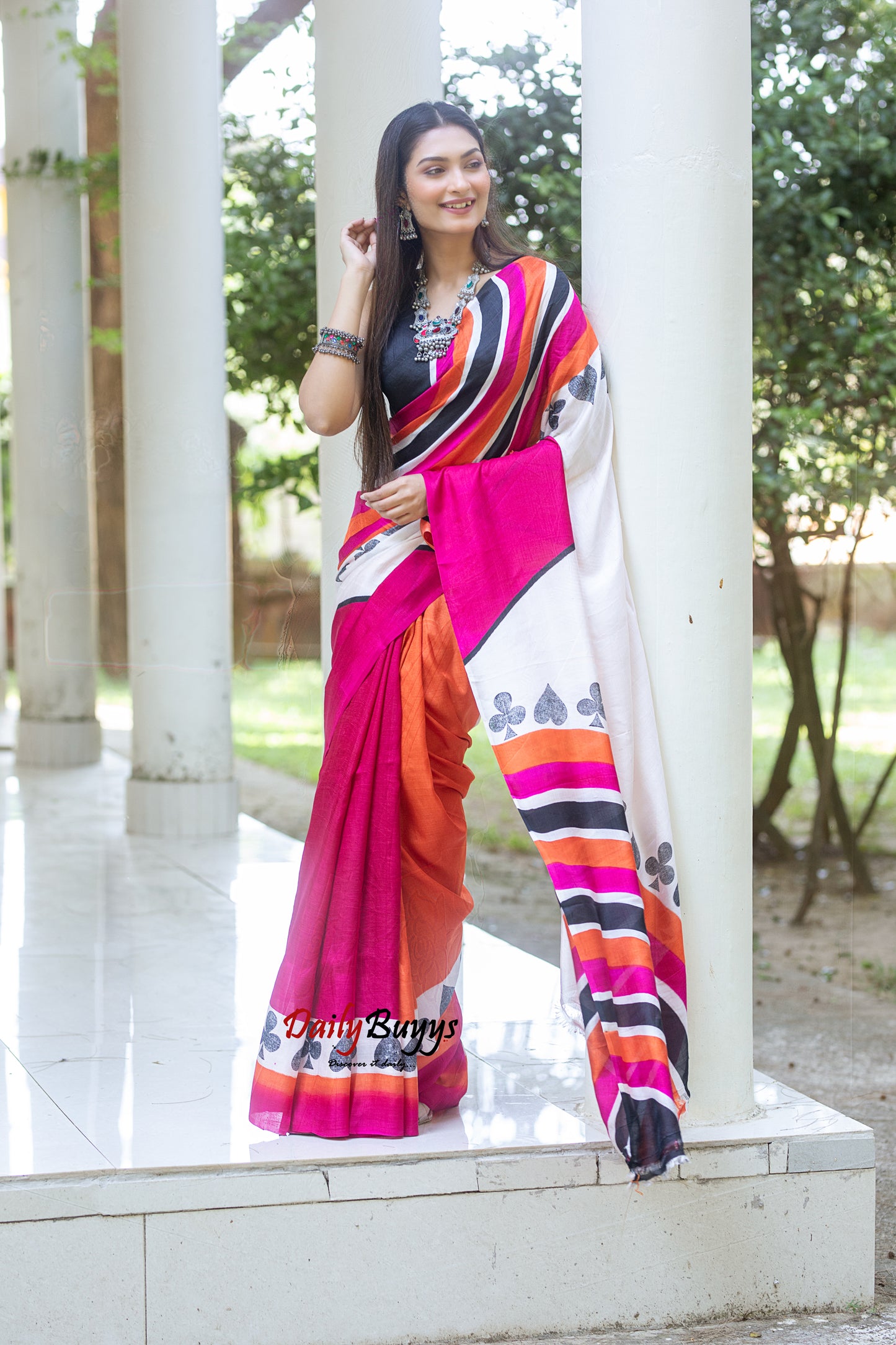 Pink Orange Block Printed Silk Mark Certified Bishnupuri Silk Sarees