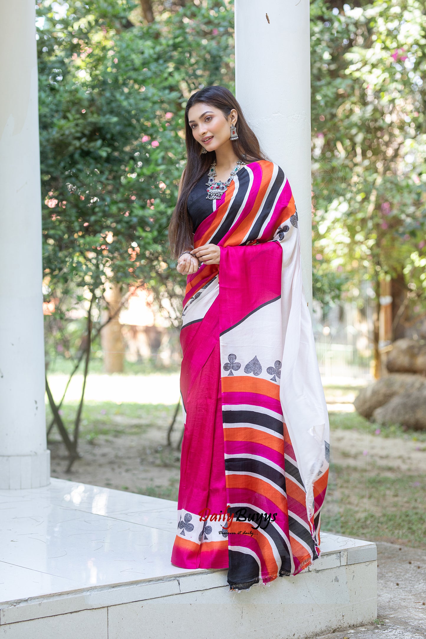 Pink Orange Block Printed Silk Mark Certified Bishnupuri Silk Sarees