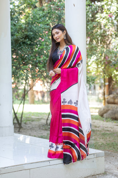 Pink Orange Block Printed Silk Mark Certified Bishnupuri Silk Sarees
