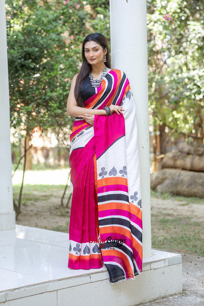 Pink Orange Block Printed Silk Mark Certified Bishnupuri Silk Sarees