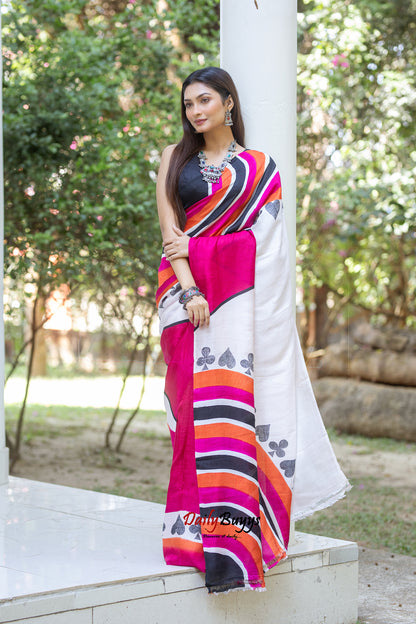 Pink Orange Block Printed Silk Mark Certified Bishnupuri Silk Sarees