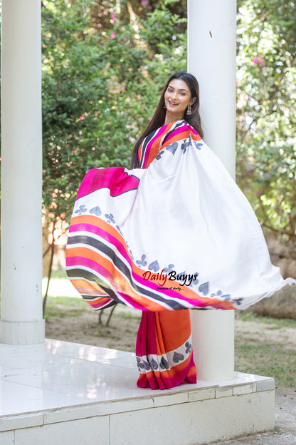 Pink Orange Block Printed Silk Mark Certified Bishnupuri Silk Sarees