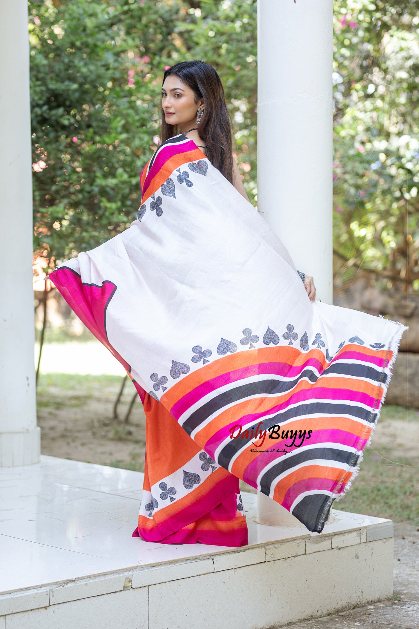 Pink Orange Block Printed Silk Mark Certified Bishnupuri Silk Sarees