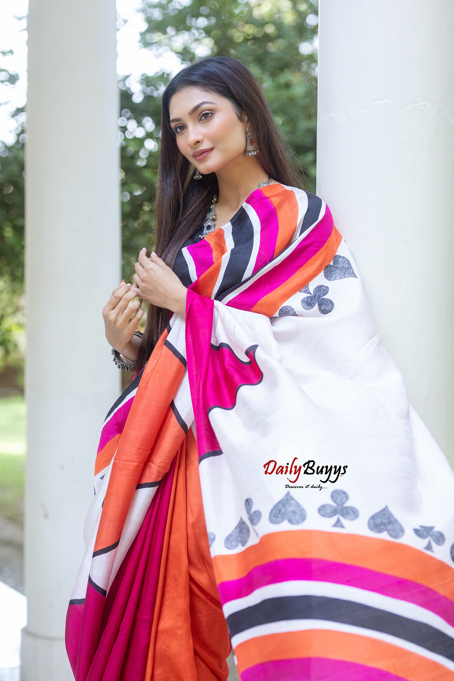 Pink Orange Block Printed Silk Mark Certified Bishnupuri Silk Sarees