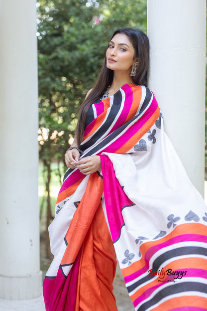 Pink Orange Block Printed Silk Mark Certified Bishnupuri Silk Sarees