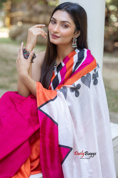 Pink Orange Block Printed Silk Mark Certified Bishnupuri Silk Sarees