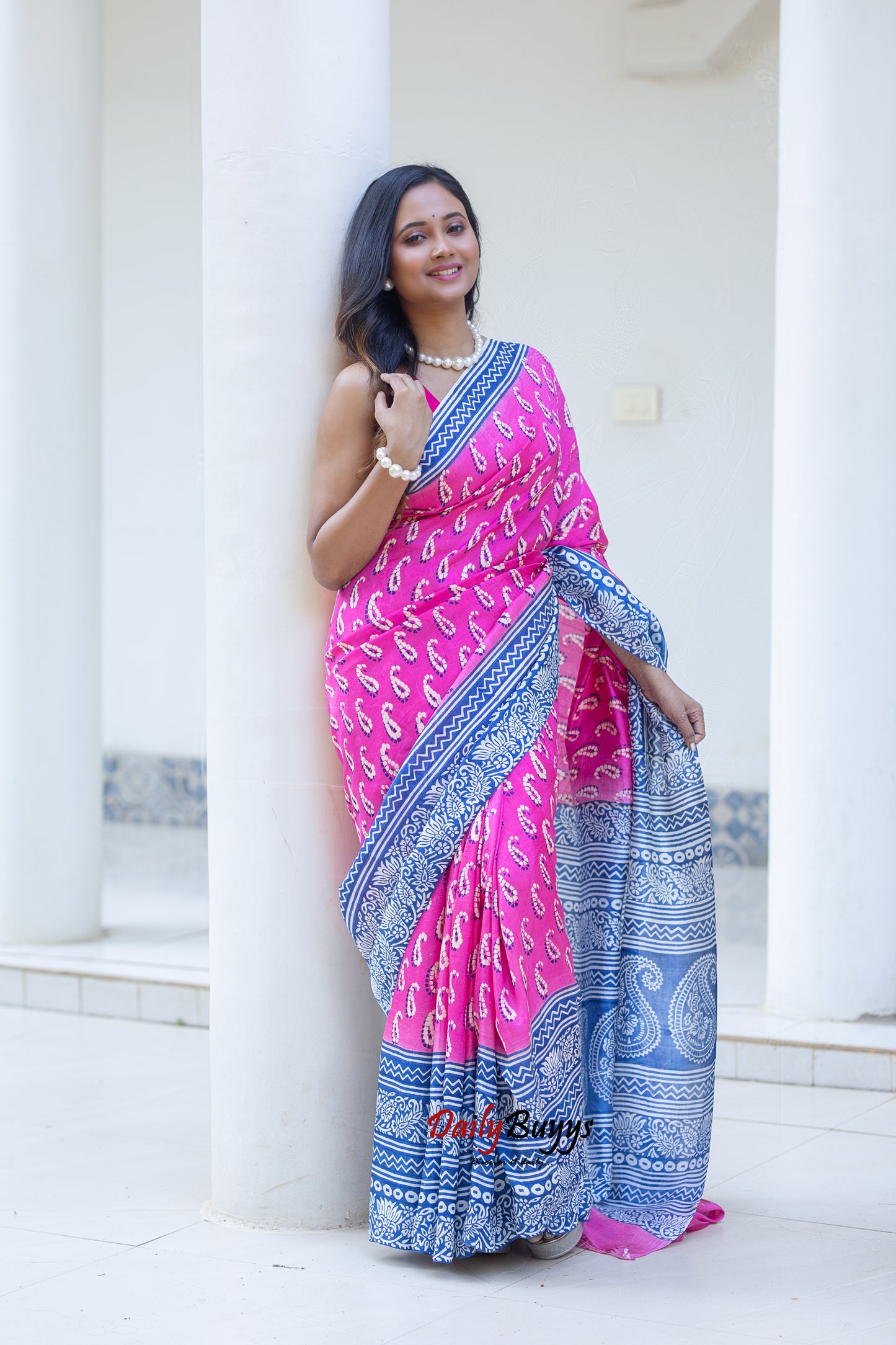 Pink Block Printed Silk Mark Certified Bishnupuri Silk Sarees